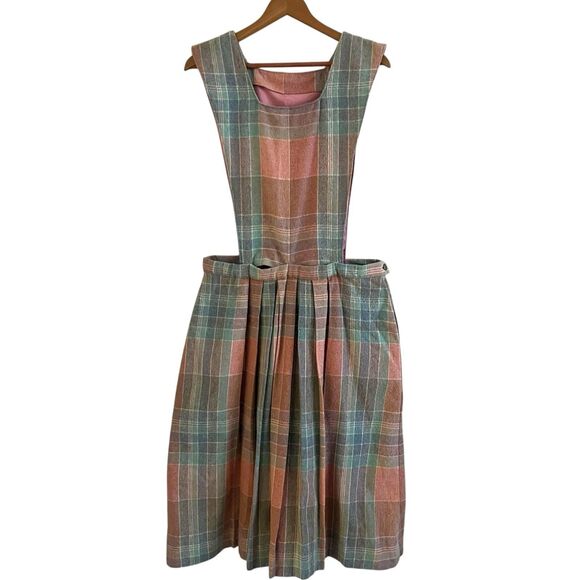 Vintage Plaid Pinafore Pleated Wool Dress L Handmade Removable Bib Cottagecore - Picture 1 of 10